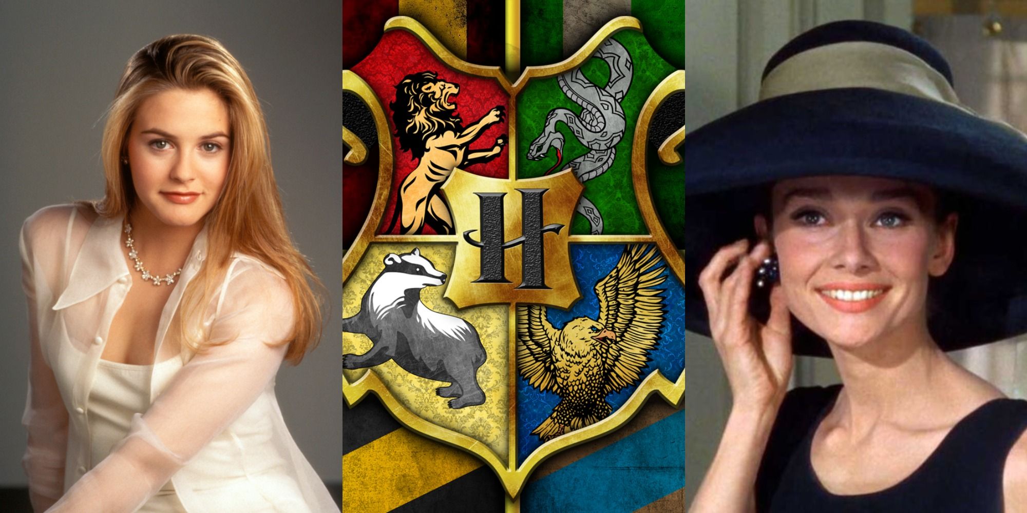 Split image showing Cher in Clueless, the Hogwarts sygil, and Holly in Breakfast at Tiffany's