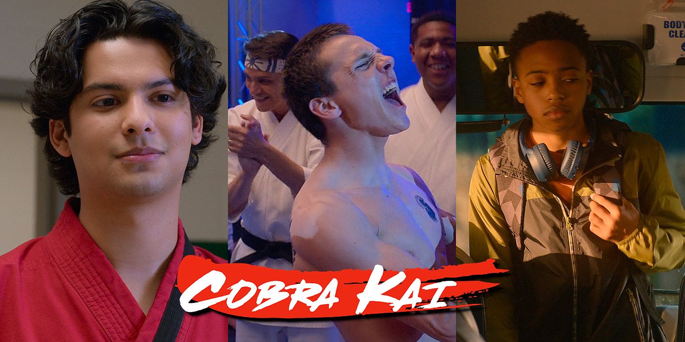 Split image of Miguel, Eli and Kenny from Cobra Kai