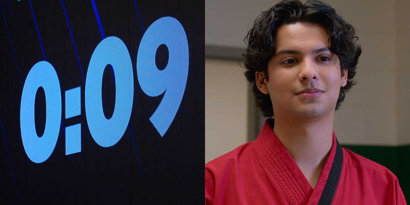 Split image of a countdown timer and Miguel from Cobra Kai