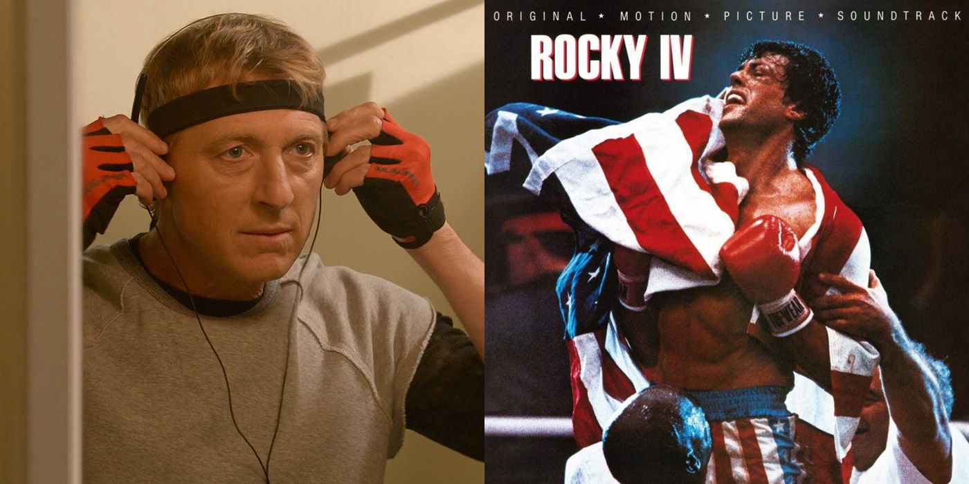 Split image of Johnny Lawrence and the Rocky IV soundtrack