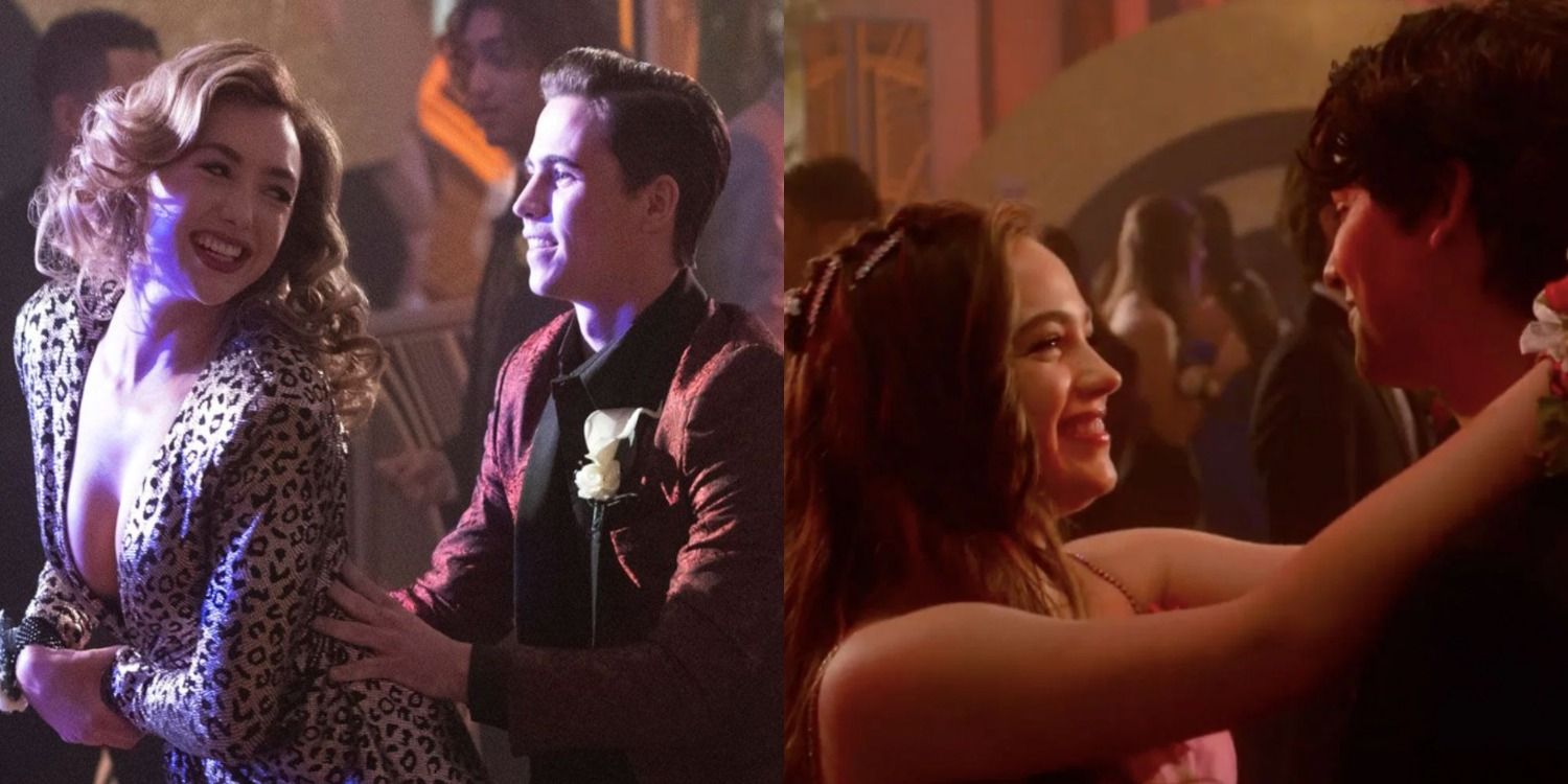 A split image features Tory and Robby alongside Sam and Miguel at the school dance in Cobra Kai season 4