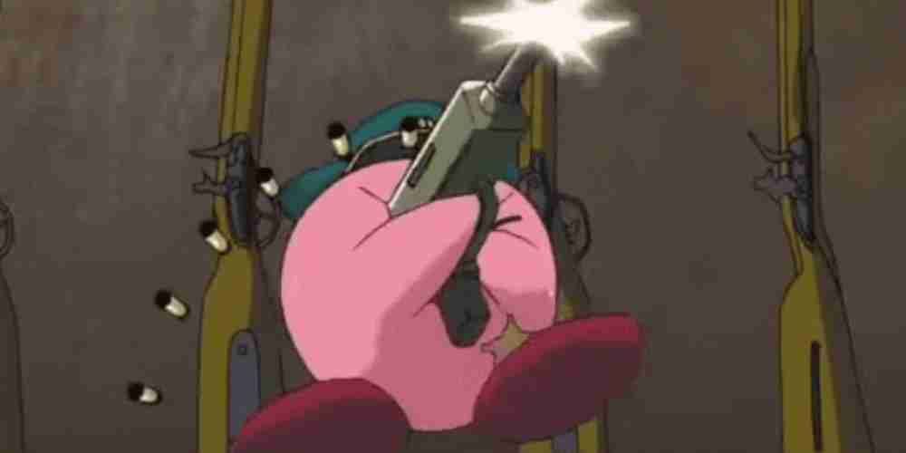 Kirby wildly firing a gun in the anime.