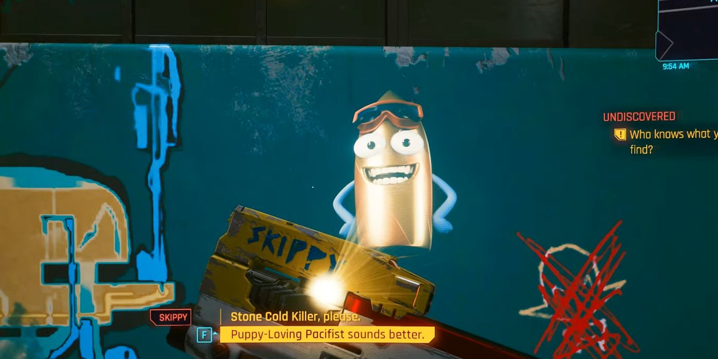 An in-game Cyberpunk 2077 screenshot of a gun named Skippy projecting a hologram of a cartoonish bullet character.