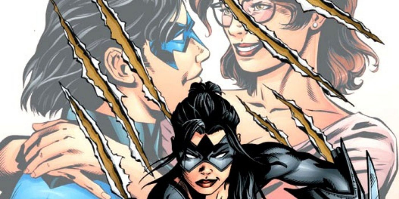 Bande dessinée : Tarentule devant une image de Nightwing et Barbara Gordon