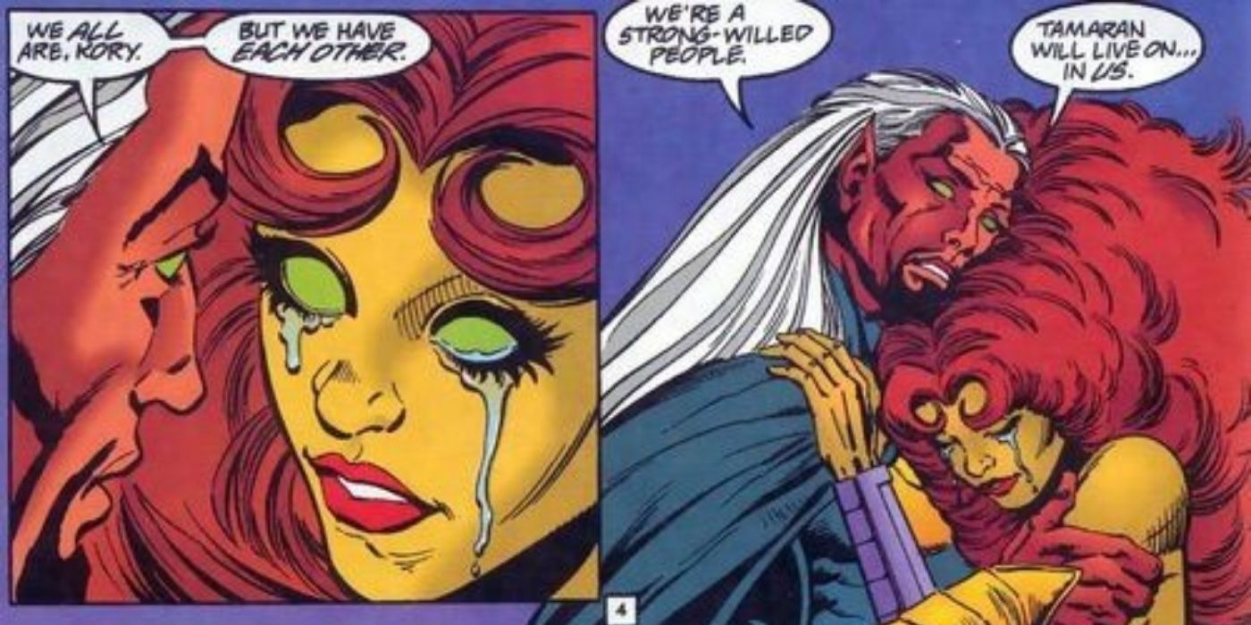 Ph'yzzon comforting Starfire in DC Comics