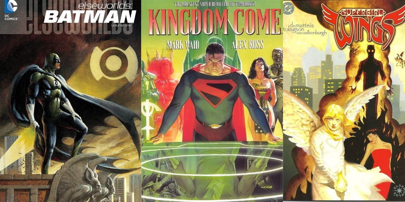 Split image of Elseworlds covers for Emerald Knight, Kingdom Come, and Supergirl Wings