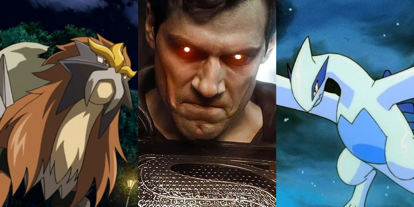 Split image where Enteir looks up, Superman flashes red eyes, and Lugia flies