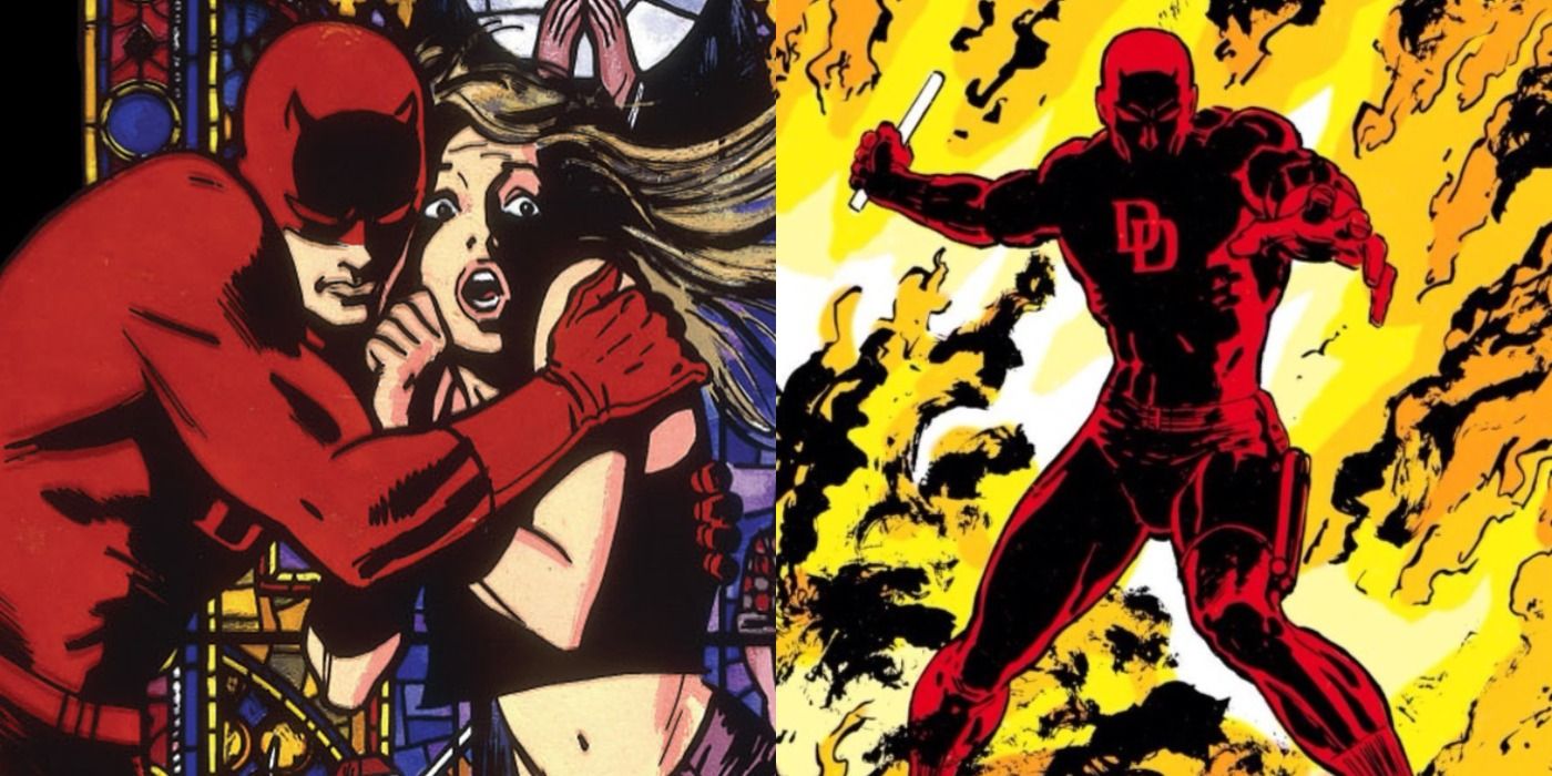 Split image of Daredevil holding a frightened Karen Page and emerging through a wall of flames