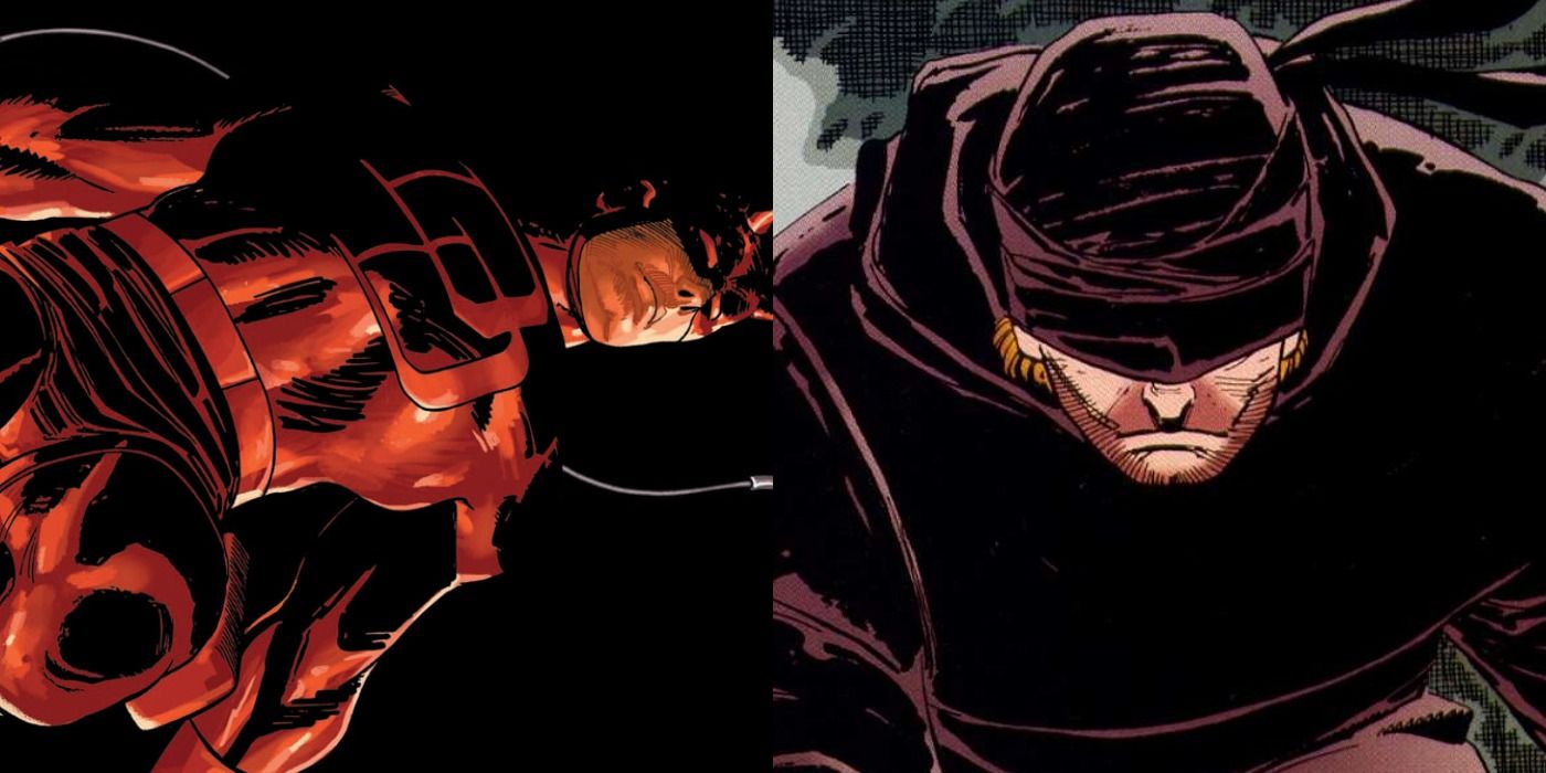 Split image of Daredevil in his red suit jumping through the air and in his makeshift black suit