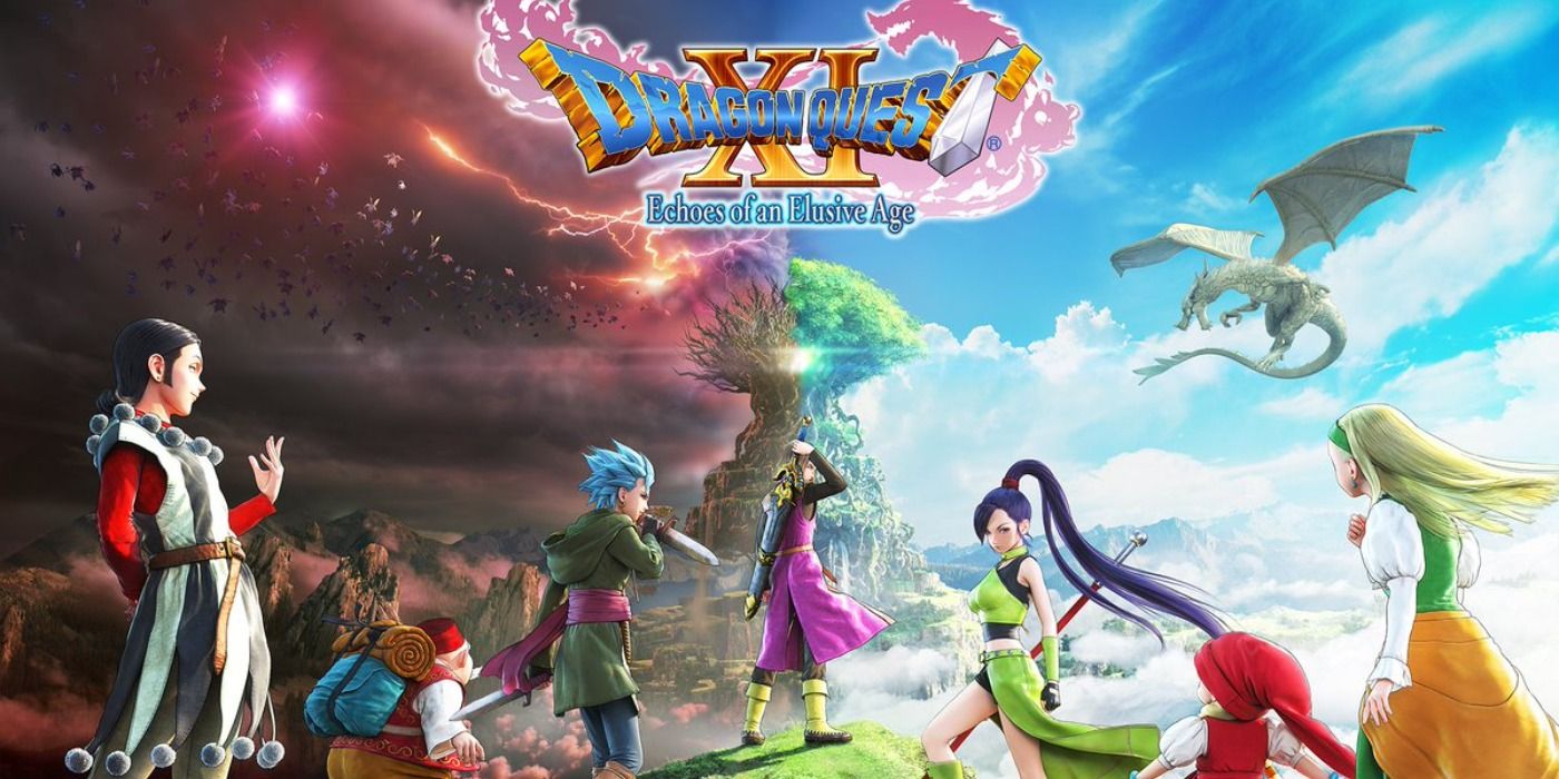 Dragon Quest XI promo art with the main quest with the World Tree and a dragon flying in the background