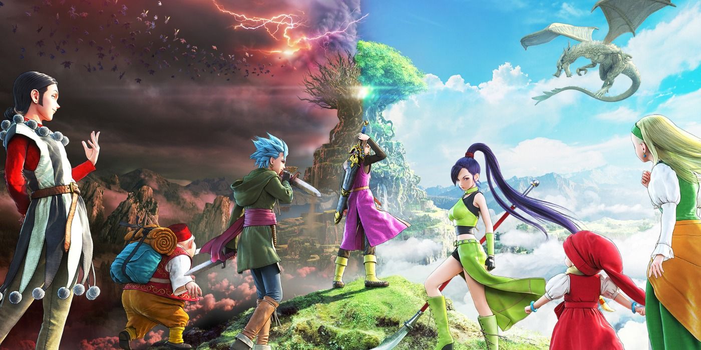 Dragon Quest XI promo art featuring the cast on a hill, with the World Tree and a dragon in the background
