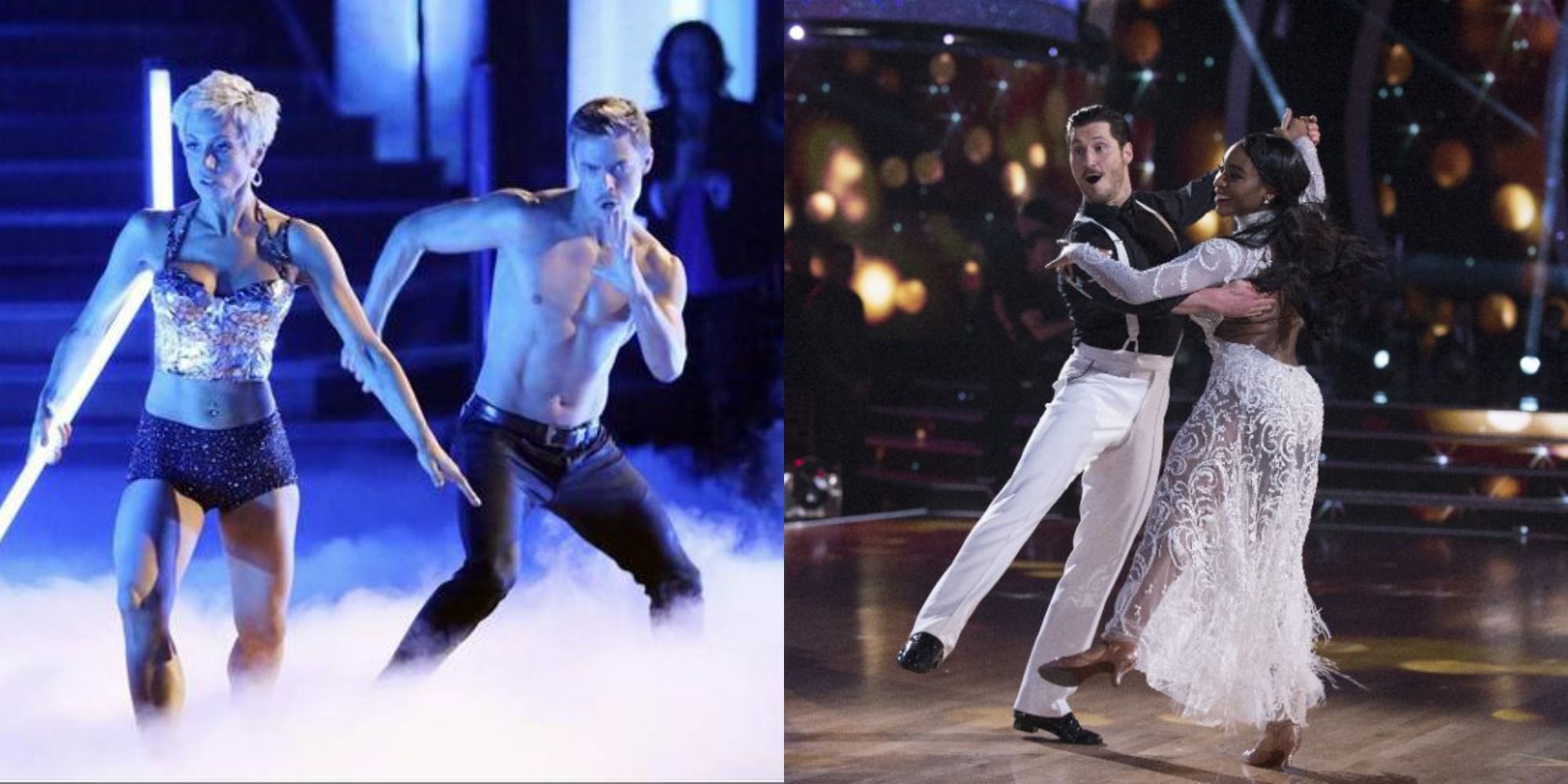 Split image showing Kellie Prickler and Derek Hough and Val Chmerkovskiy and Normani performing on Dacing with the Stars