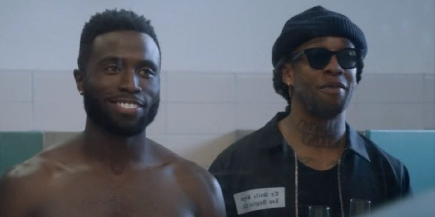 Daniel and Ty Dolla Sign standing next to each other and smiling in a bathroom in a still from Insecure