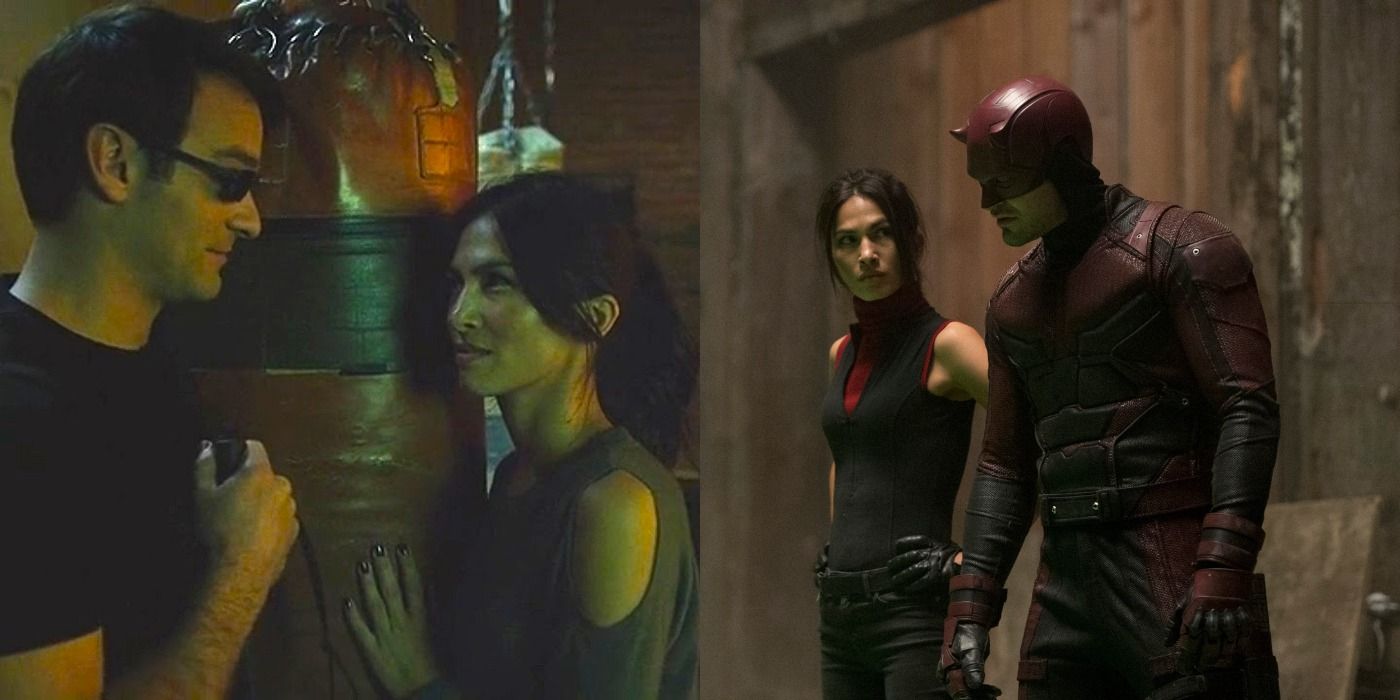 Split image of Matt and Elektra at Fogwell's Gym and uncovering The Hand's plan in Daredevil season 2