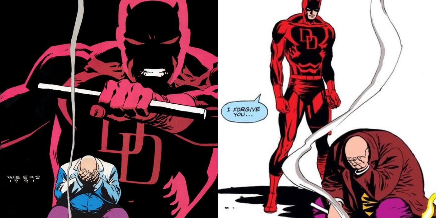 Split image of a distraught Kingpin with Daredevil looming in the background, and Daredevil forgiving him