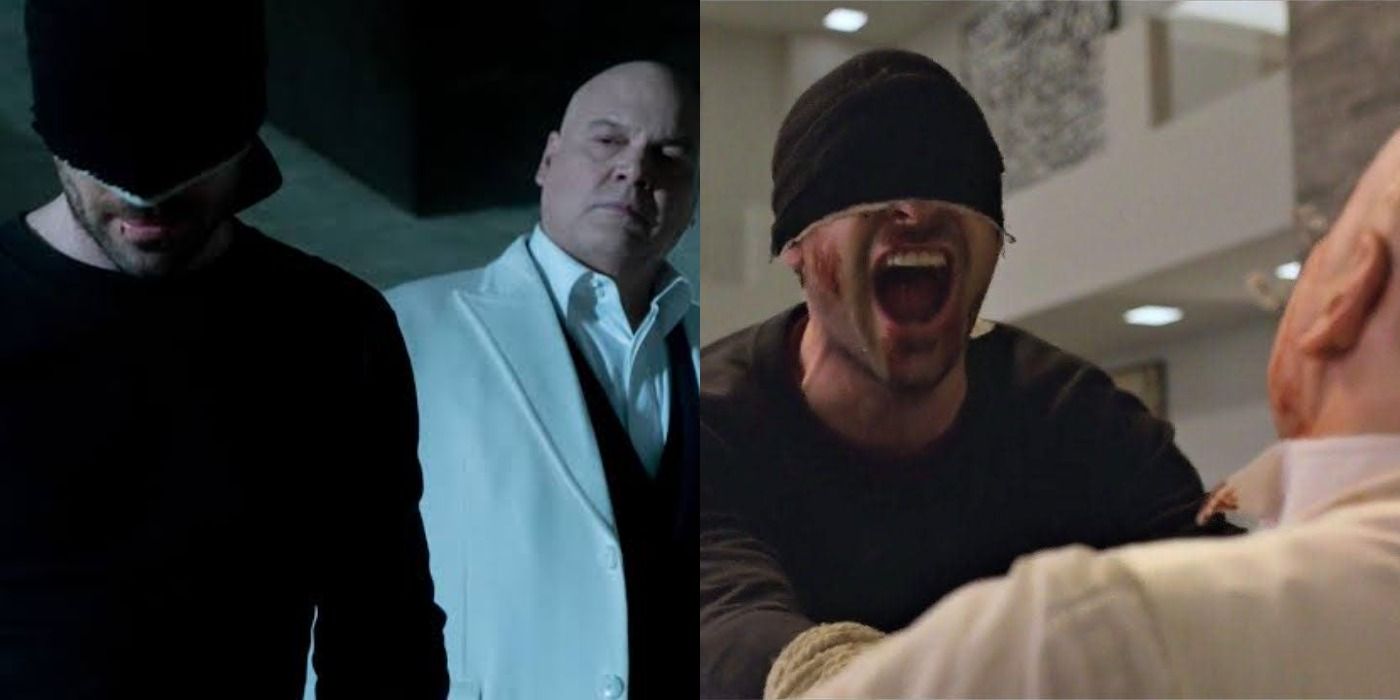 Split image of Daredevil in his black suit an illusion of Kingpin behind him, and beating Kingpin in the finale