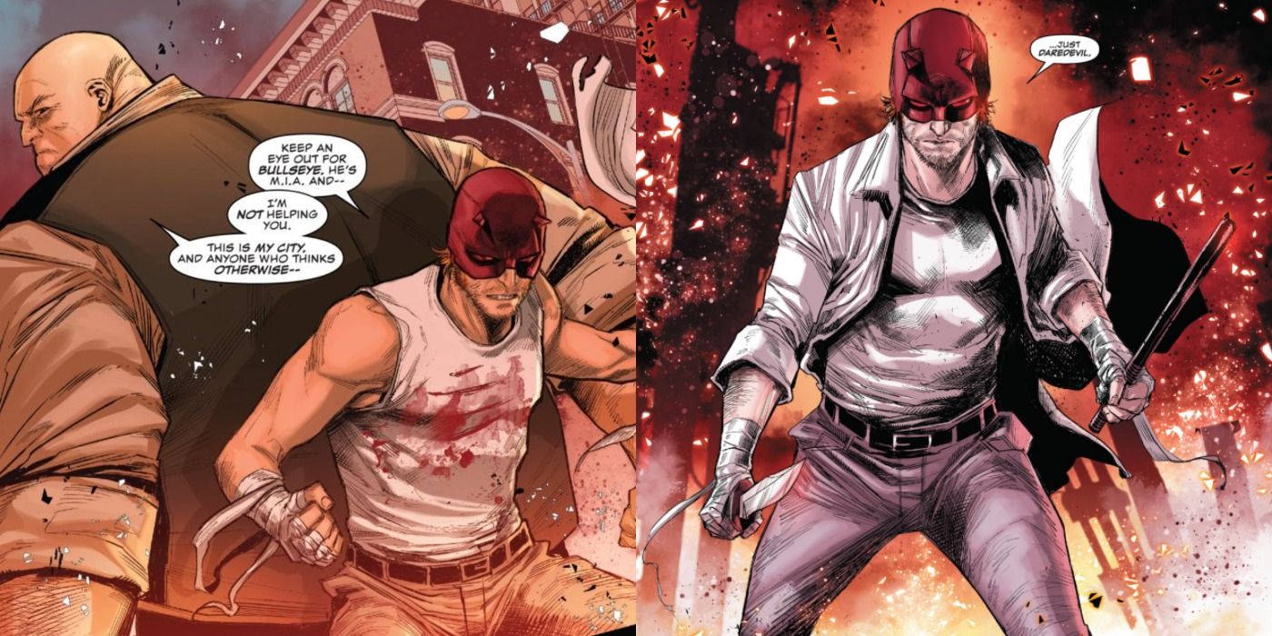 Split image of Daredevil and Kingpin teaming up to win back Hell's Kitchen from the Stromwyn's onslaught