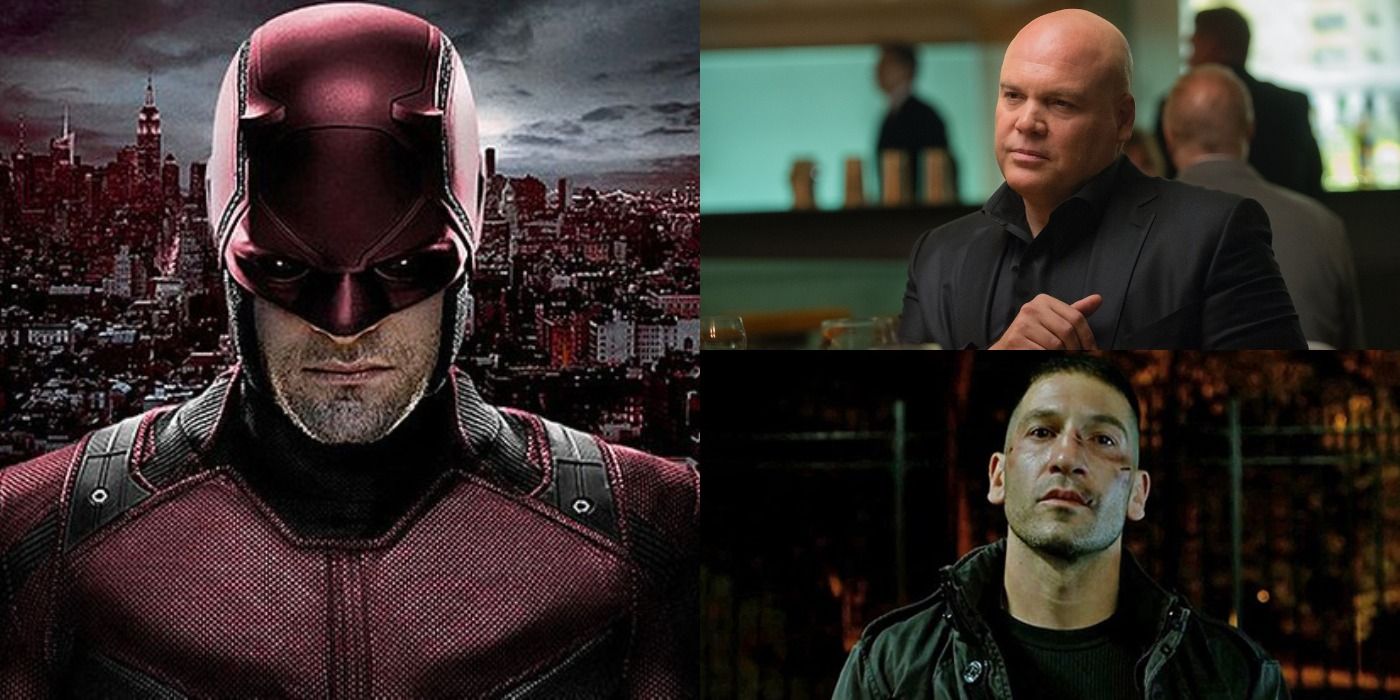 Split image of Daredevil, Kingpin, and Punisher in the Netflix series