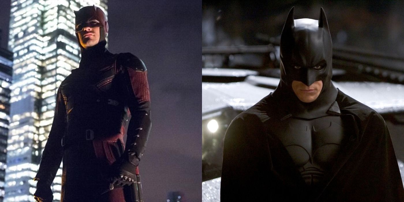 Split image of Daredevil standing on a building and Batman in his cave in Batman Begins