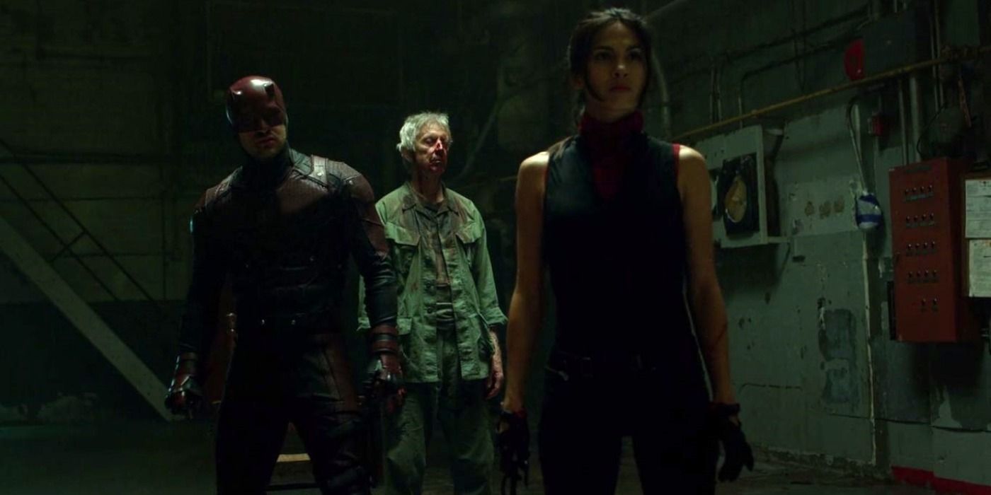 Daredevil and Elektra with a bloodied Stick in season 2