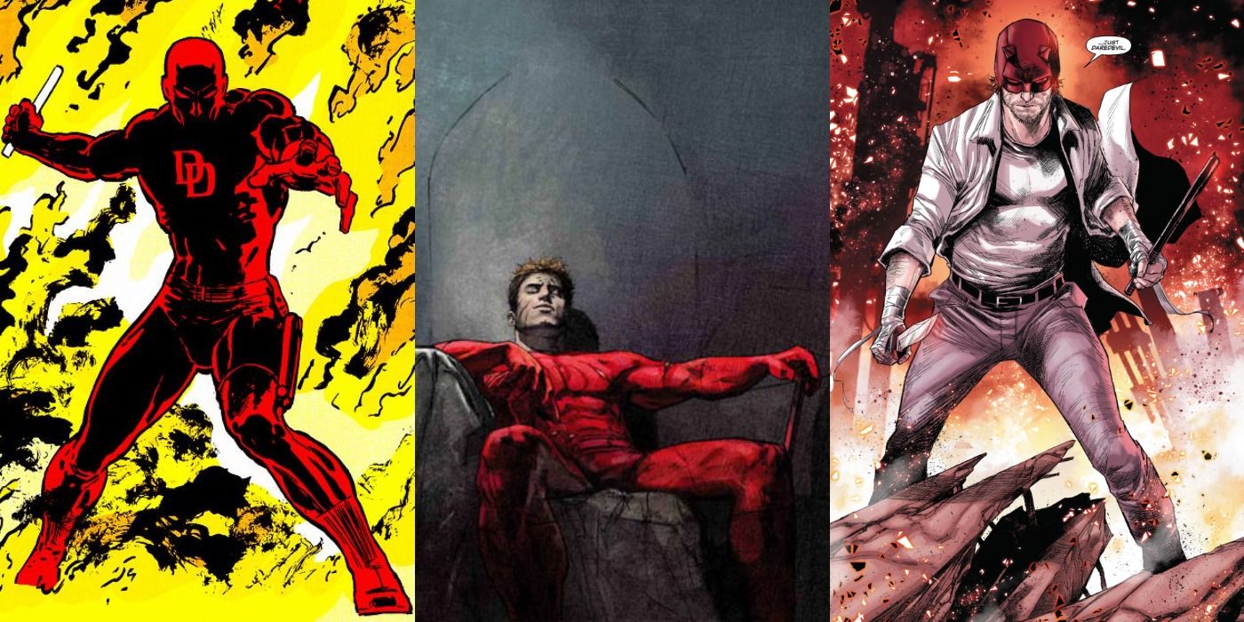 Split image of Daredevil in Born Again, Hardcore, and End of Hell