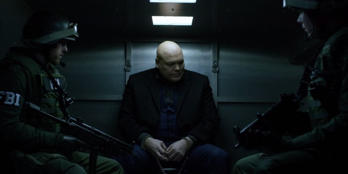 Kingpin delivering his ominous monologue in the back of an armed FBI escort truck