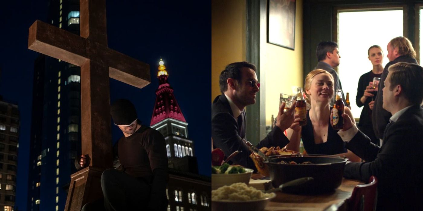 Split image of Daredevil perched next to a cross, and Matt, Karen, and Foggy happily celebrating in the finale