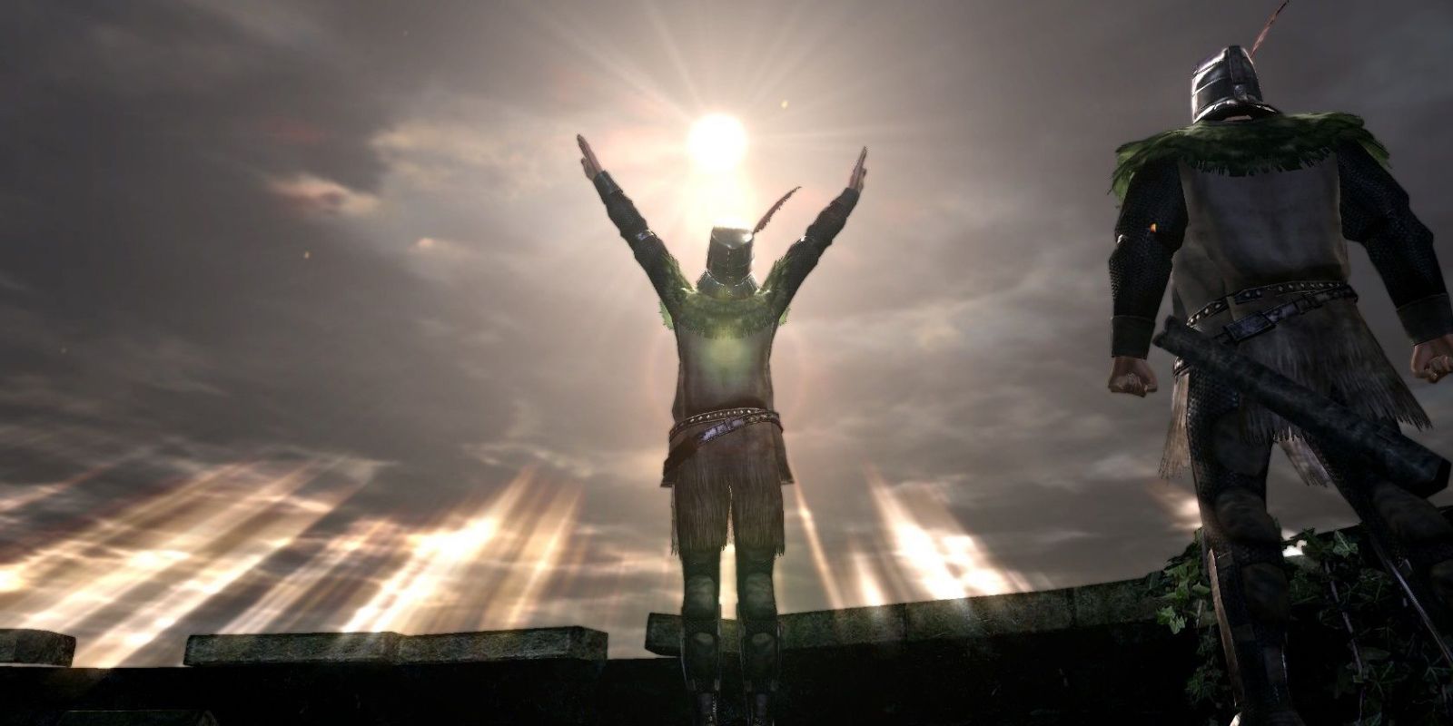 Solaire from Dark Souls is praising the sun while the protagonist looks on.