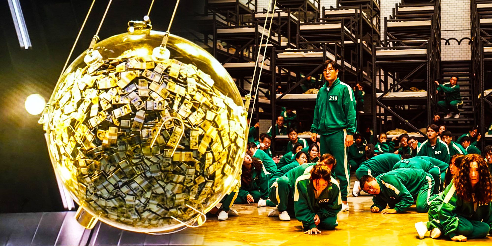 A blended image features the case of prize money and the players in their jumpsuits on the floor in Squid Game