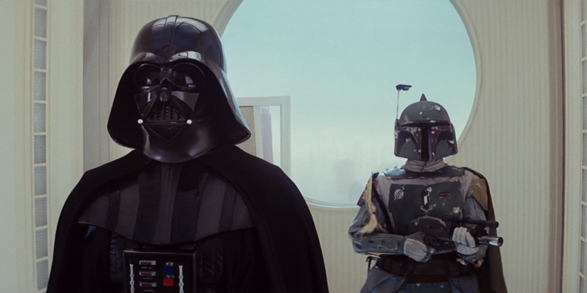 Darth Vader and Boba Fett in the Cloud City dining hall in The Empire Strikes Back