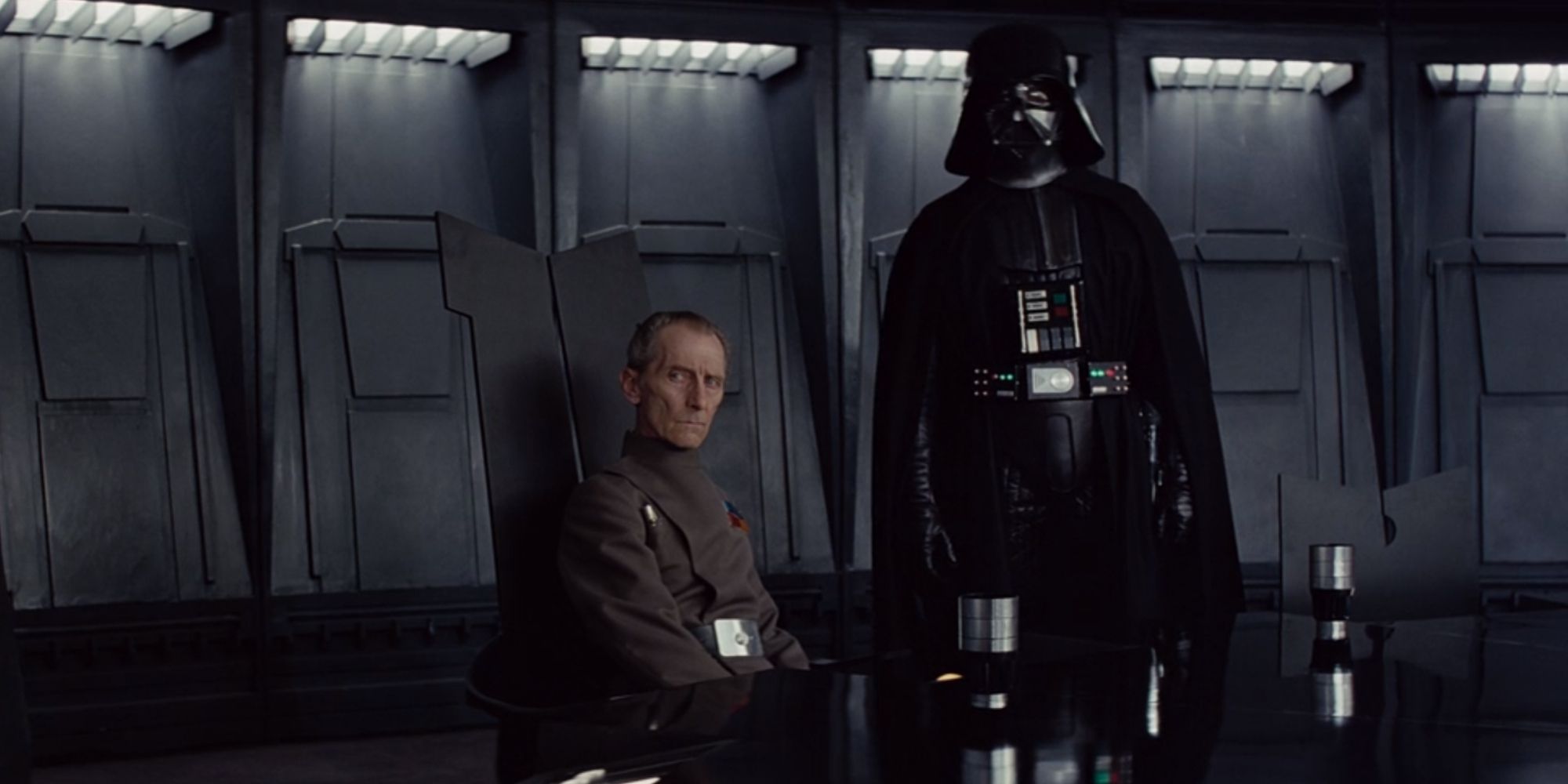 Darth Vader and Governor Tarkin in the Imperial council room in Star Wars A New Hope