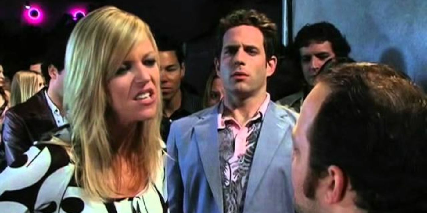 Dee sneers at a bouncer as Dennis watches in It's Always Sunny in Philadelphia.