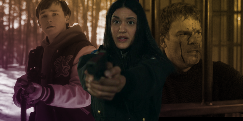 A composite image of Angela pointing a pistol in front of Harrison aiming a rifle and Dexter looking distraught in jail in Dexter: New Blood