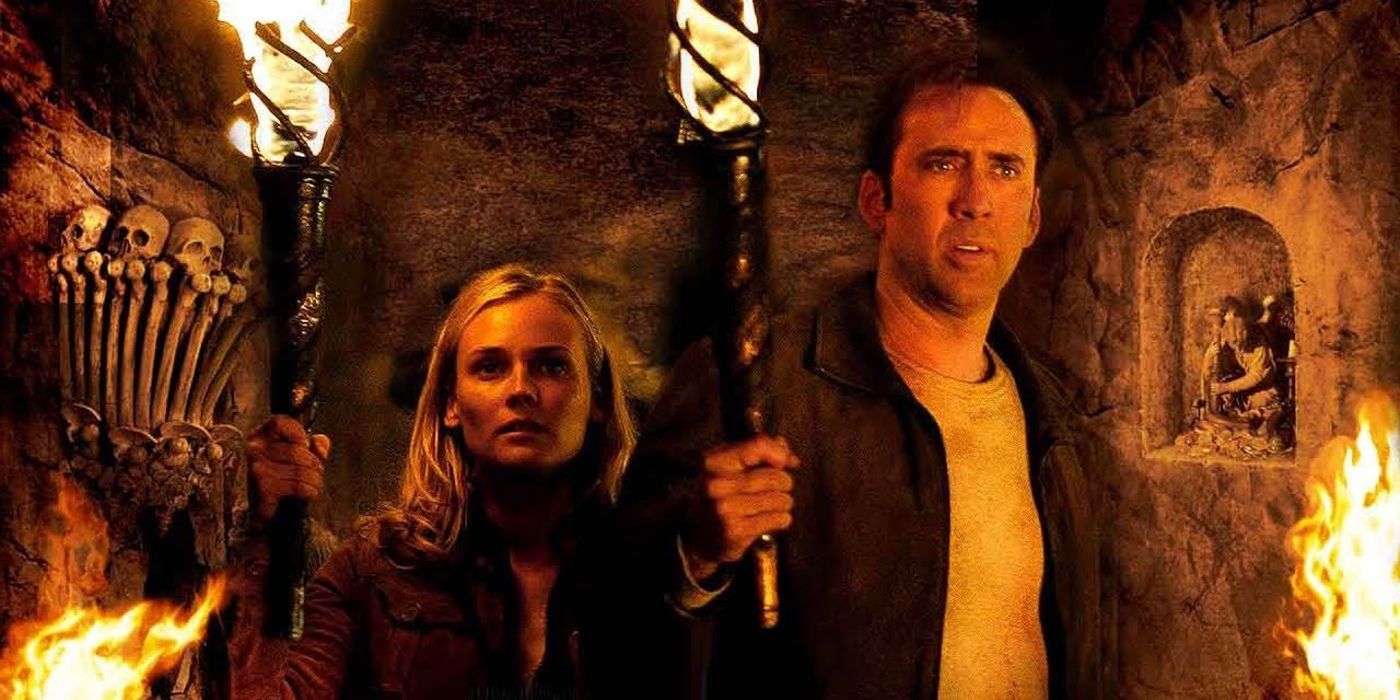 Diane Kruger and Nicolas Cage in exploring a cave in National Treasure.