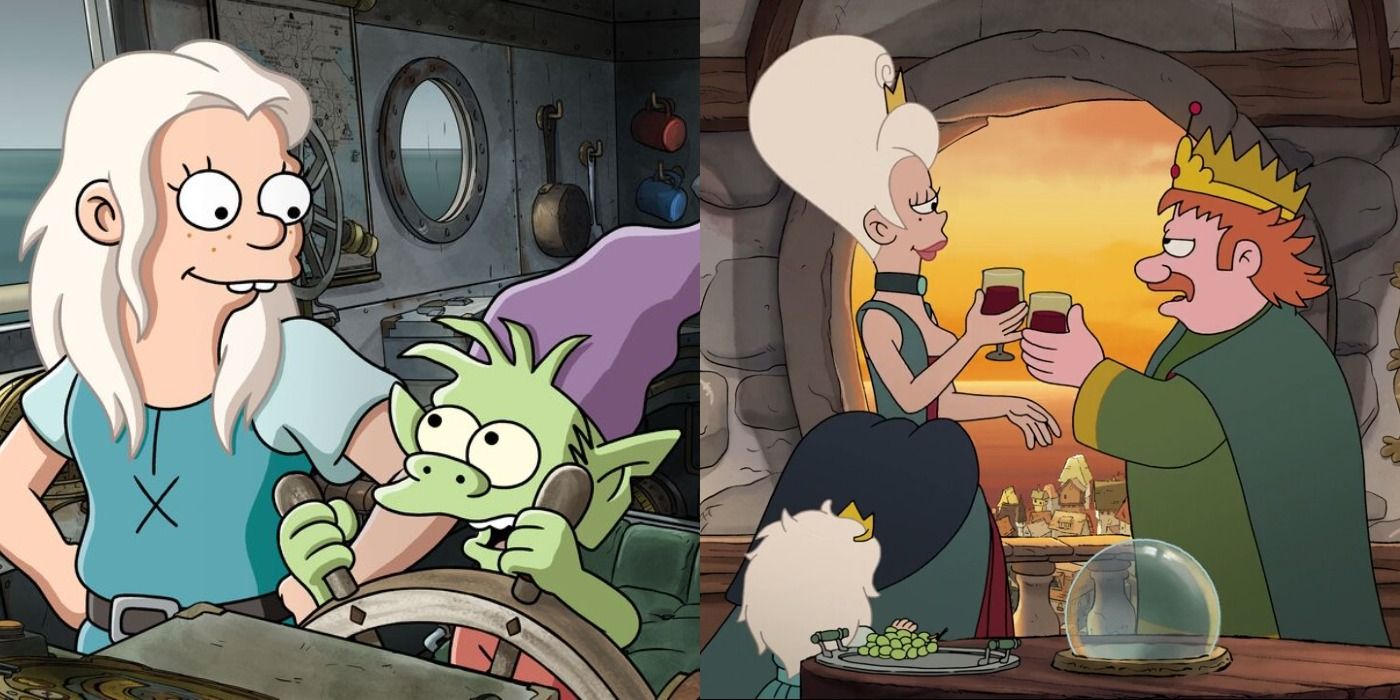 Two side by side images with Elfo and Bean and Queen Dagmar and King in Disenchanment.