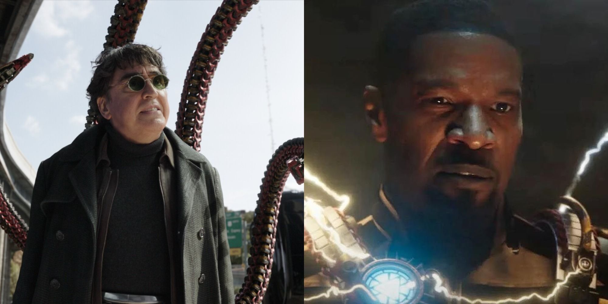 Split image of Alfred Molina as Doc Ock and Jamie Foxx as Electro in Spider-Man: No Way Home