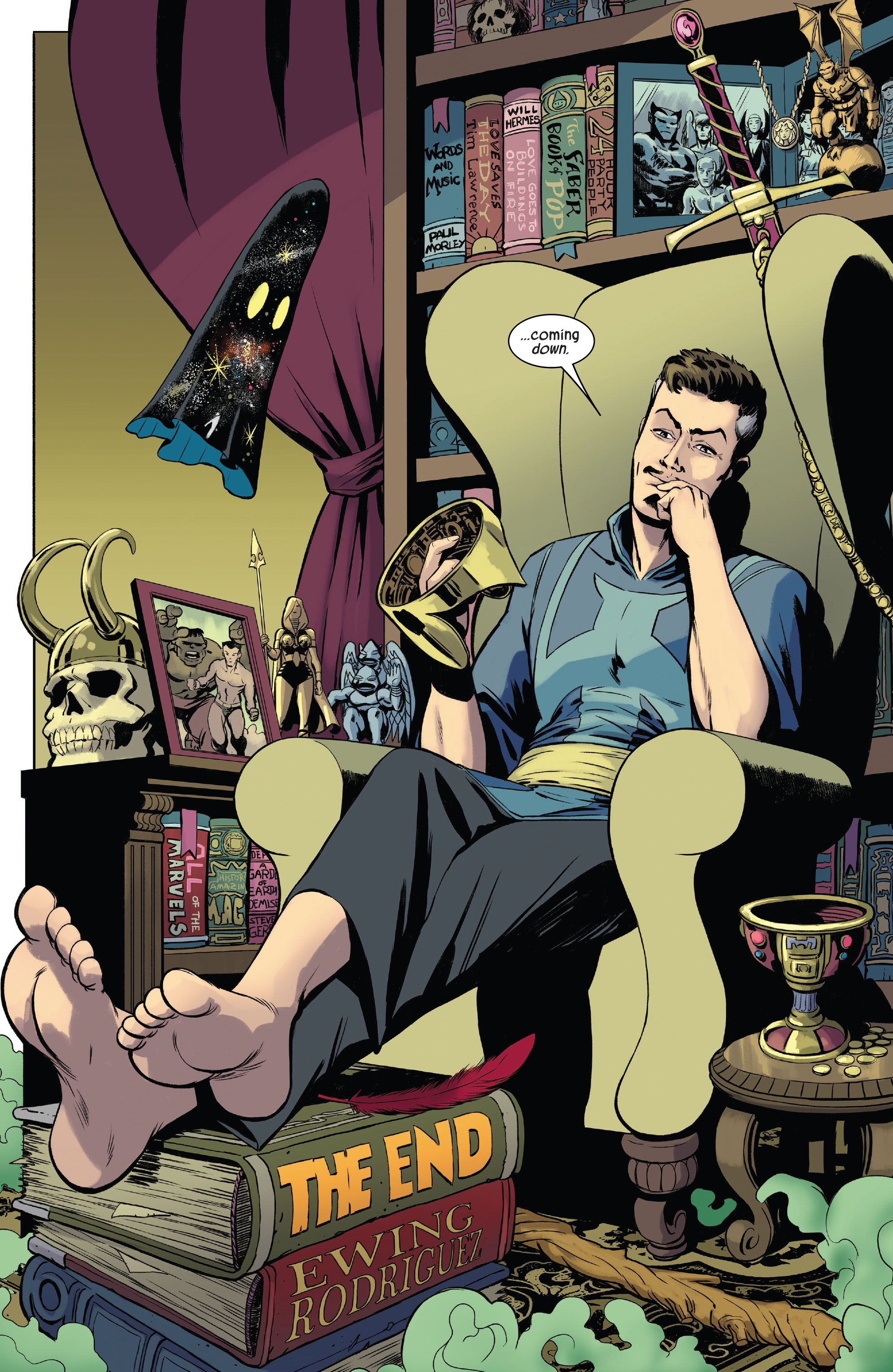 Doctor Strange sitting in his library, feet kicked up on books