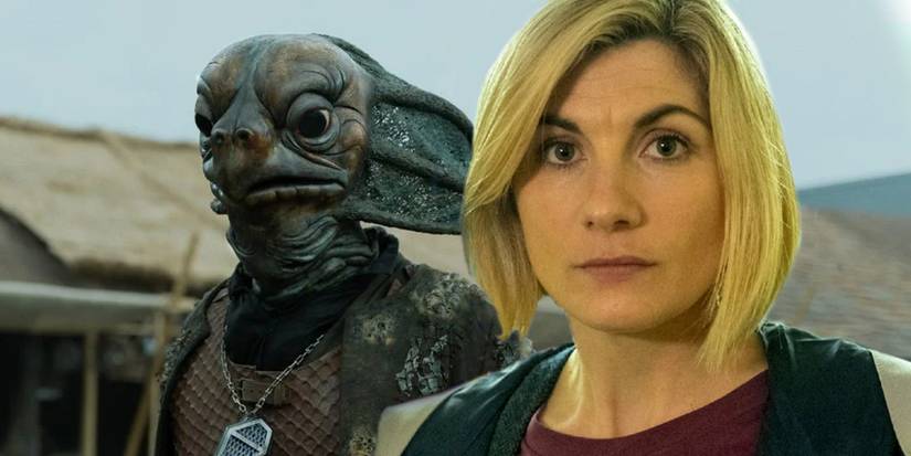 A composite image of Jodie Whittaker's 13th Doctor looking serious in front of a Sea Devil looking on in Doctor Who