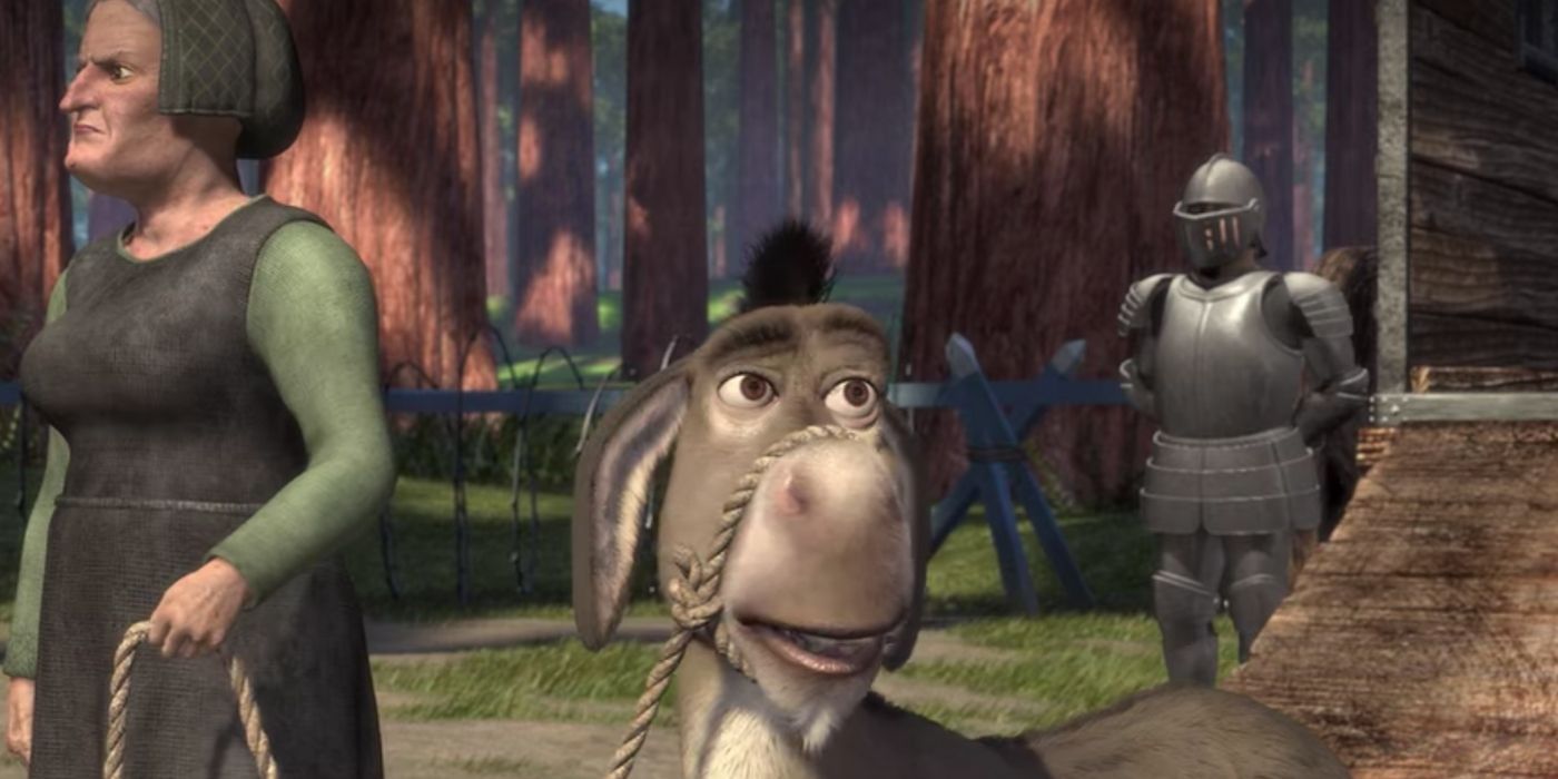 Donkey being sold by a woman in Shrek