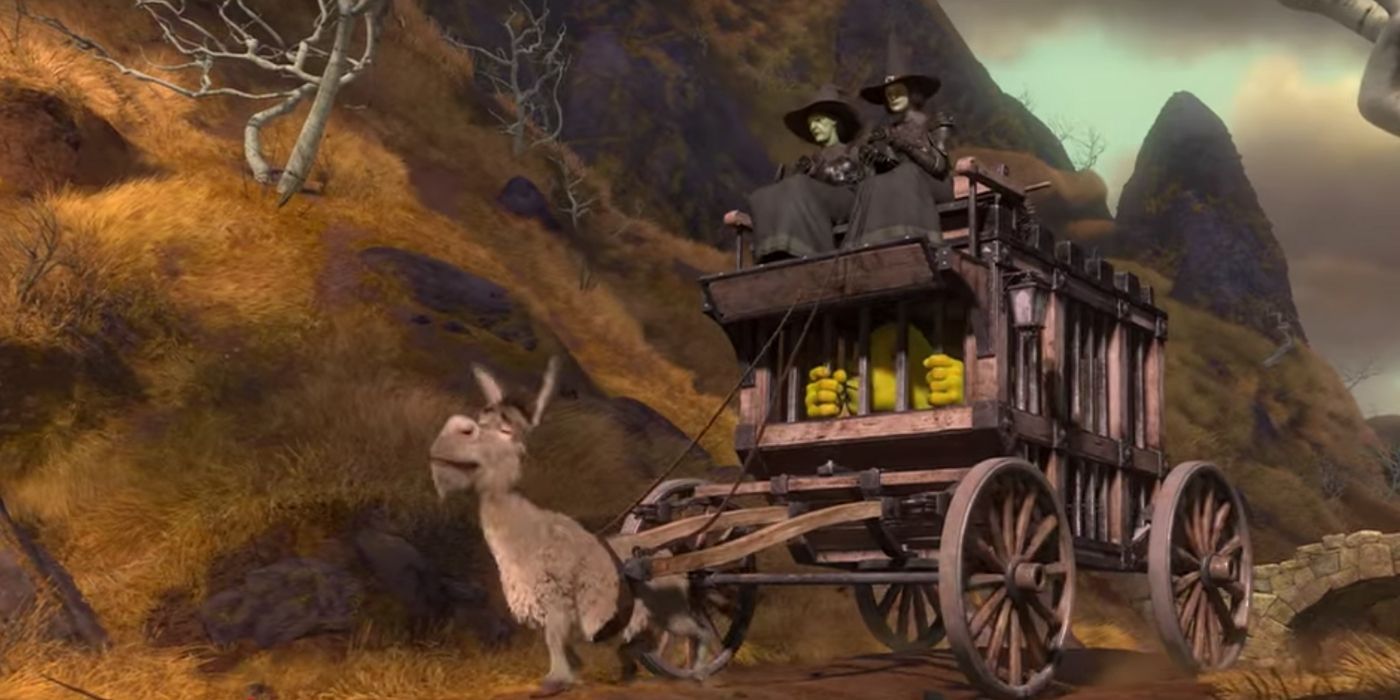 Donkey pulling a cart of witches on Shrek
