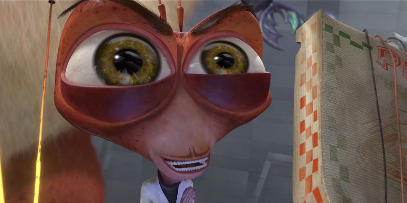 Dr Cockroach from Monsters vs Aliens smiles menacingly at something offscreen