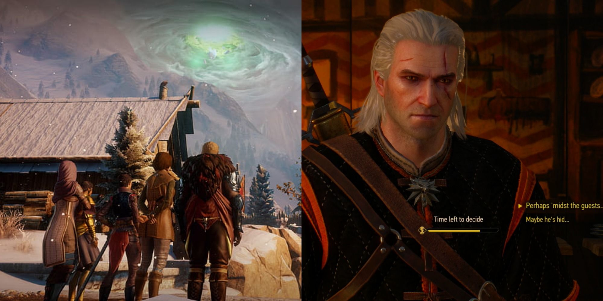 Split image showing the MCs at Haven in DA: Inquisition, and Geralt talking in The Witcher 3