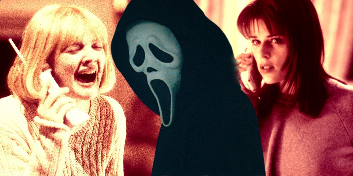 Drew Barrymore and Neve Campbell from the original Scream with Scream 5 ghostface