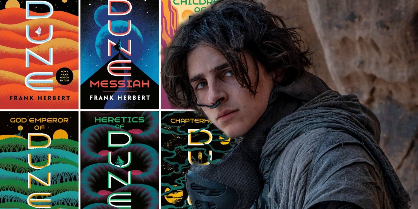 Composite image with six Dune book covers and Timothee Chalamet as Paul Atreides in Dune (2021)