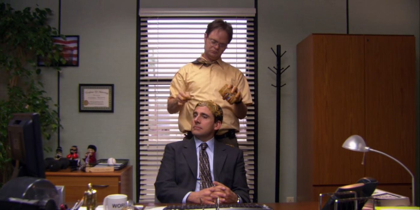 Dwight uses peanut butter on Michael's hair in The Office