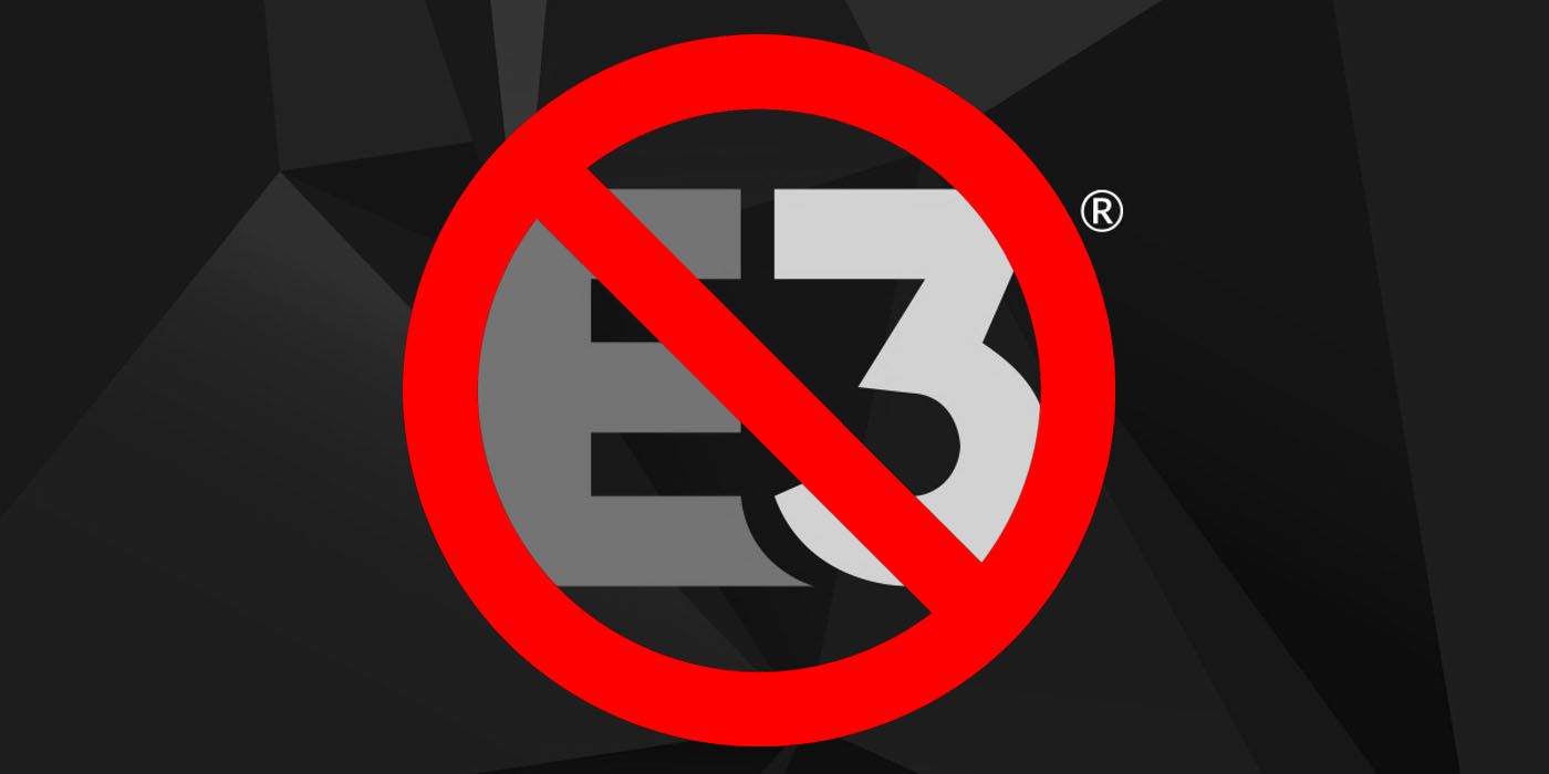 A black and white E3 logo with a bright red canceled icon over it.