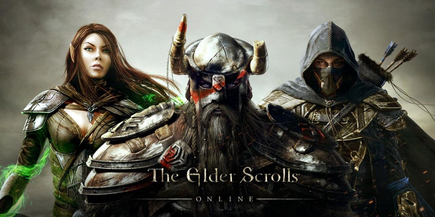 The Elder Scrolls Online promo art featuring a group of 3 armored character races from the game