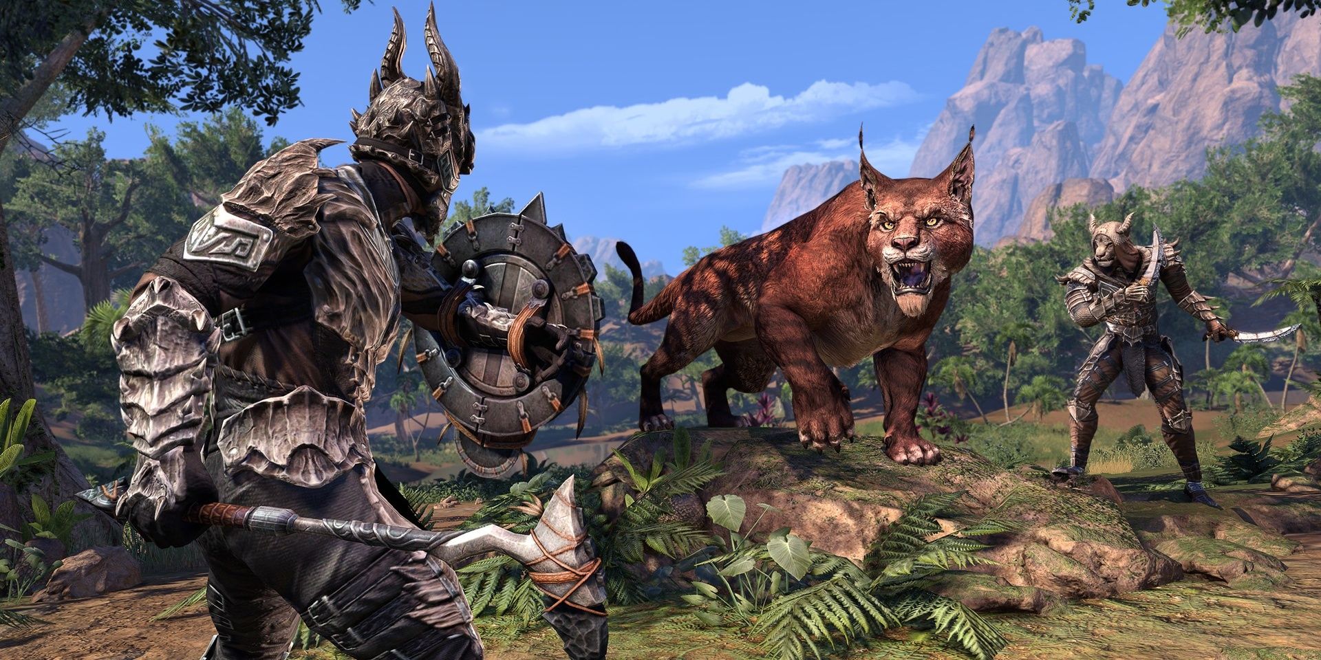 Elder Scrolls character fighting a large cat-like creature. 
