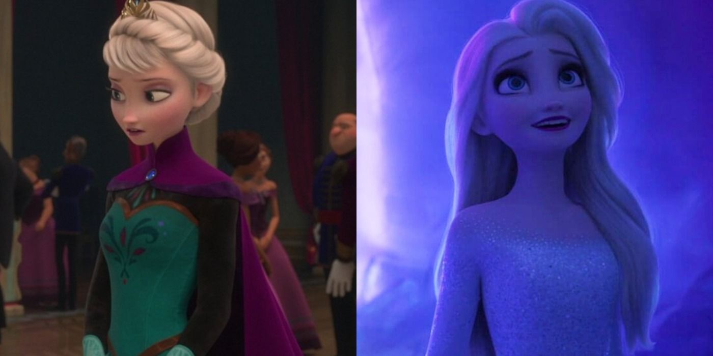 A split image depicts Elsa in the first and second Frozen movies