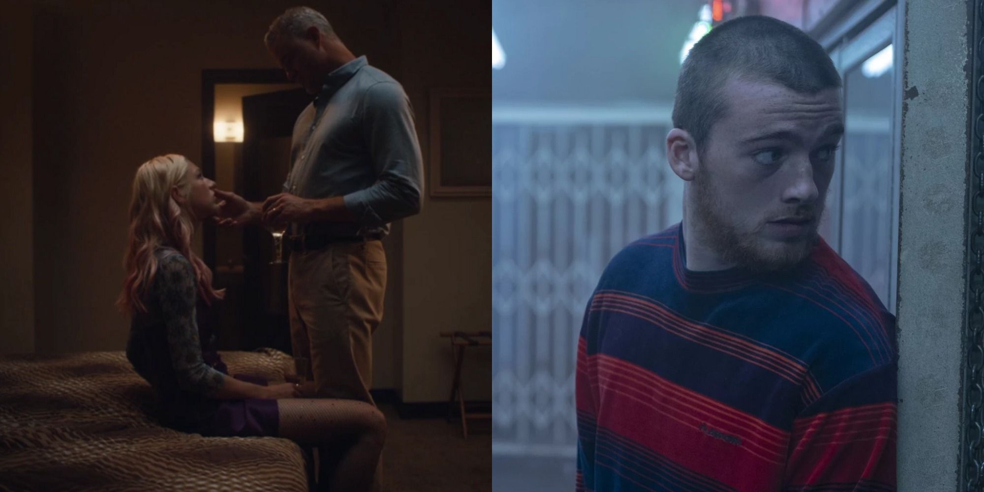 Split image of Cal touching Jules and Fez looking around a corner